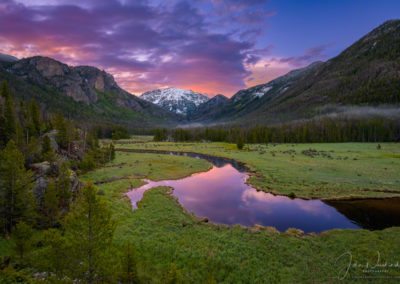 Vibrant Sunrise over East Inlet Meadow and Snow Capped Mt Baldy (aka Mt Craig) RMNP Colorado