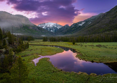 Fog over East Inlet and Snow Capped Mt Baldy (aka Mt Craig) RMNP Colorado at Sunrise