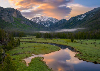 Low Lying Fog East Inlet Meadow and Snow Capped Mt Baldy (aka Mt Craig) RMNP Colorado at Sunrise