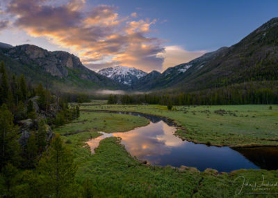 Low Lying Fog over East Inlet Meadow and Snow Capped Mt Baldy (aka Mt Craig) Rocky Mountain National Park Colorado at Sunrise