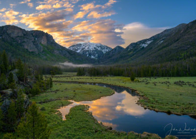 Fog in the East Inlet Meadow with Snow Capped Mt Baldy (aka Mt Craig) at Sunrise in Rocky Mountain National Park Colorado at Sunrise