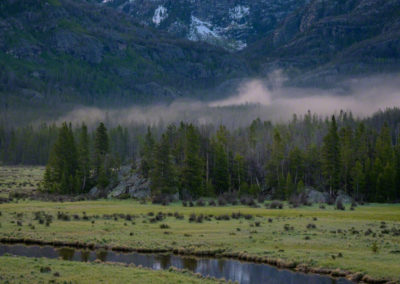Low Lying Fog over East Inlet Meadow with Snow Capped Mount Baldy RMNP Colorado