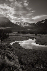 B&W Photo of Low Lying Fog over East Inlet Meadow with Snow Capped Mount Baldy RMNP Colorado