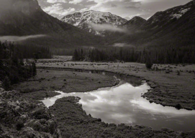 B&W Photo of Low Lying Fog over East Inlet Meadow with Snow Capped Mount Baldy RMNP Colorado