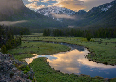 Vertical Photo of Low Lying Fog over East Inlet Meadow with Snow Capped Mount Baldy RMNP Colorado