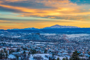 Castle Rock and Pikes Peak at Sunset
