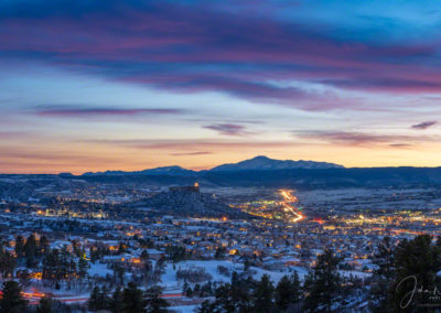 Holiday Panoramic Photo of City of Castle Rock and Pikes Peak at Sunset
