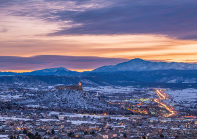 Aerial Photo of City of Castle Rock, I-25 and Pikes Peak at Sunset