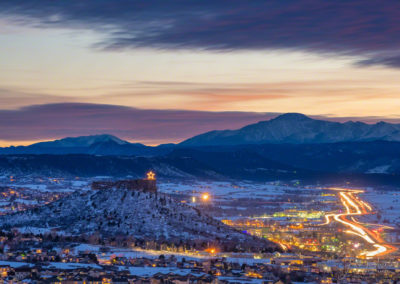 Stunning Aerial View of City of Castle Rock, I-25 and Pikes Peak at Sunset