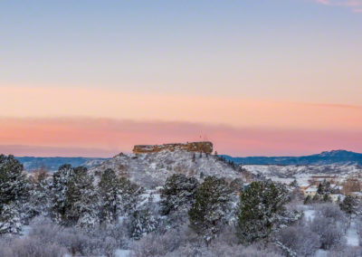Pink Orange and Magenta Sunrise - vertical Photo of Castle Rock with Snow - Winter 2019