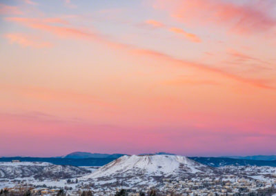 Pink Orange and Magenta Sunrise Photo of Castle Rock with Snow - Winter 2019