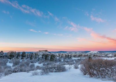 Colorful Blue and Pink Sunrise Landscape Photo of Castle Rock Colorado with Snow - Winter 2019