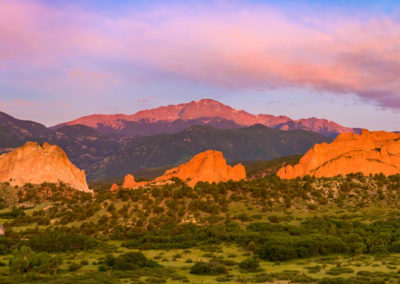 Wide Panoramic Photo of Pikes Peak and Garden of the Gods Sunrise