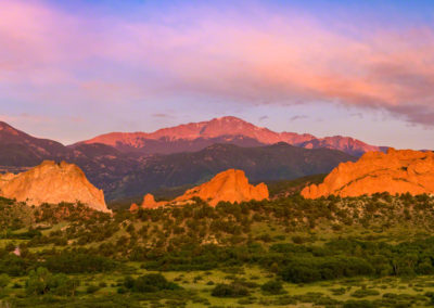 Wide Panoramic Photo of Pikes Peak and Garden of the Gods Warm Sunrise