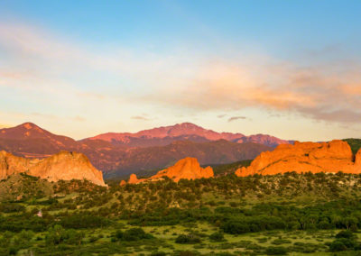 Warm Sunrise Photo of Pikes Peak and Garden of the Gods