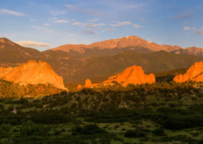 Panoramic Photo of Pikes Peak and first Light on Garden of the Gods at Sunrise