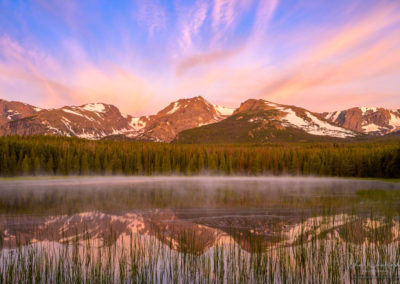 Photo of Low lying fog and Pink Yellow Clouds over Biersradt Lake RMNP Colorado at Sunrise