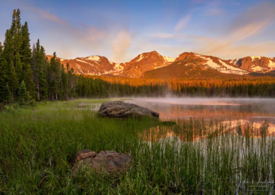 Photo of low lying fog over Biersradt Lake RMNP Colorado at Sunrise