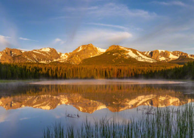 Panoramic Photo of Biersradt Lake Reflections and Low Lying Fog RMNP Colorado at Sunrise