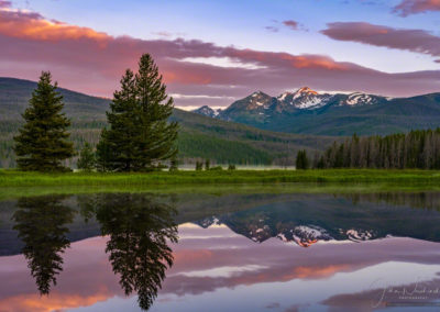 Sunrise over Bowen Mountain Reflecting on a Still Pond with Kawuneeche Valley Fog in RMNP Colorado