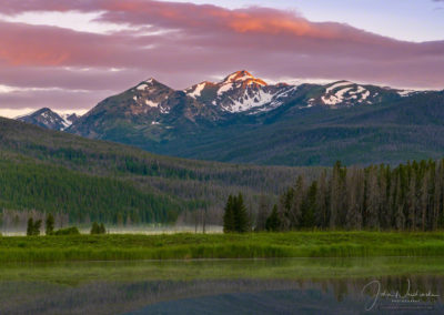 Sunrise over Bowen Mountain Reflecting on a Still Pond with Kawuneeche Valley Mist & Fog in RMNP Colorado