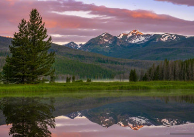 Sunrise Illuminating Bowen Mountain with Reflecting of Peaks on a Still Pond with - Mist & Kawuneeche Valley Fog in RMNP Colorado