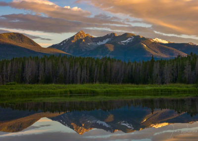 Photo of Warm Sunrise Illuminating Baker Mountain Reflecting upon a Still Pond in Kawuneeche Valley, RMNP Colorado