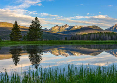 Wide Panoramic Photo of Photo of Baker and Bowen Mountain at Sunrise with their Mirror Reflection upon a Still Pond in RMNP Colorado