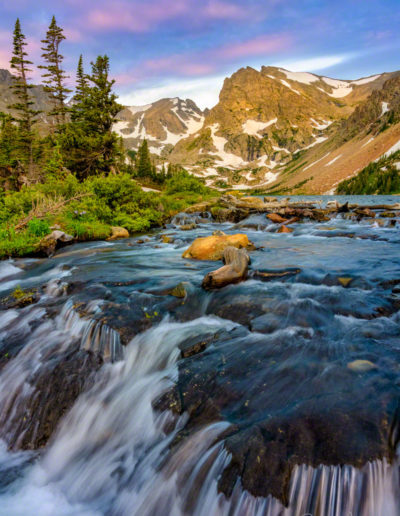 Pink Sunrise Photo of Lake Isabelle & Indian Peaks Wilderness Colorado taken from Outlet Stream