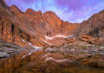Dawn Light over Longs Peak and Chasm Lake Rocky Mountain National Park Colorado