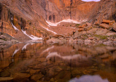 Pink and Purple Light over Longs Peak and Chasm Lake Rocky Mountain National Park Colorado