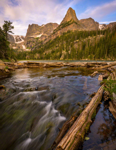 Photo of Fern Creek flowing out of Odessa Lake with Notchtop Mountain and Little Matterhorn RMNP Colorado