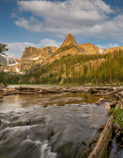 Sunrise Photo of Fern Creek flowing out of Odessa Lake with Notchtop Mountain and Little Matterhorn RMNP Colorado