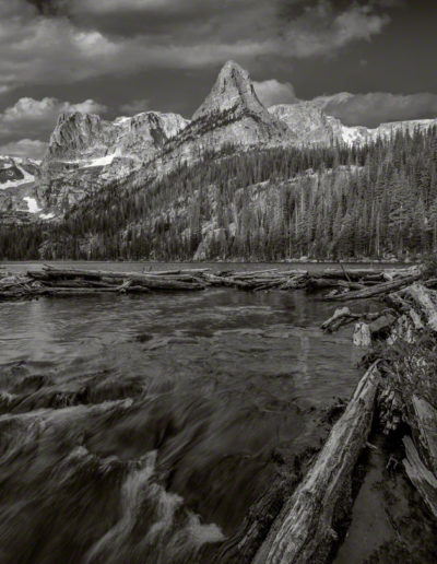 B&W Photo of Fern Creek flowing out of Odessa Lake with Notchtop Mountain and Little Matterhorn RMNP Colorado
