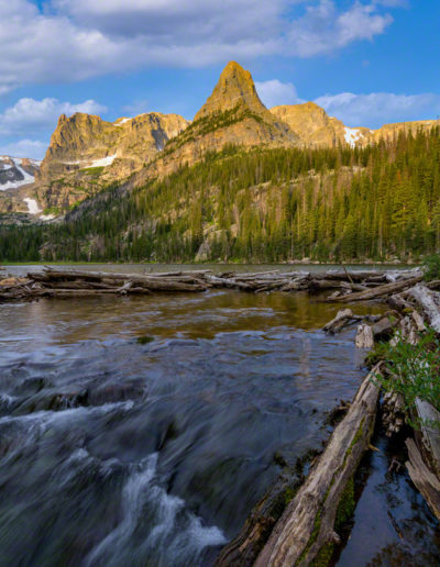 Morning Photo of Fern Creek flowing out of Odessa Lake with Notchtop Mountain and Little Matterhorn RMNP Colorado