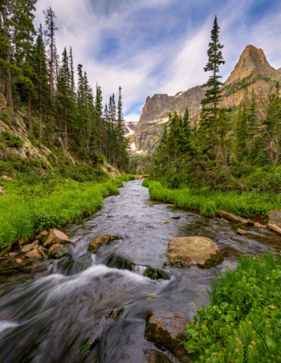 Photo of Fern Creek with Notchtop Mountain on Left and Little Matterhorn on the Right - RMNP Colorado