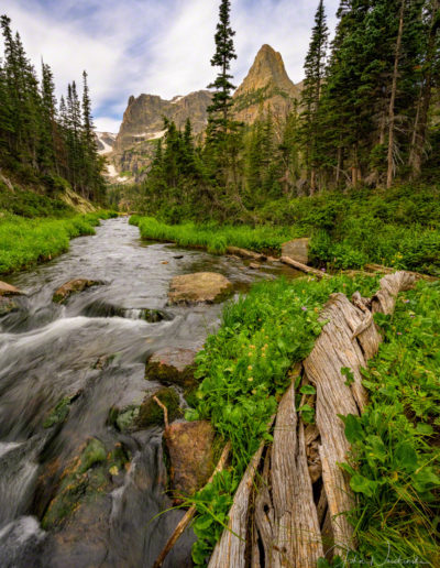 Vertical Photo of Fern Creek with Notchtop Mountain on Left and Little Matterhorn on the Right - RMNP Colorado