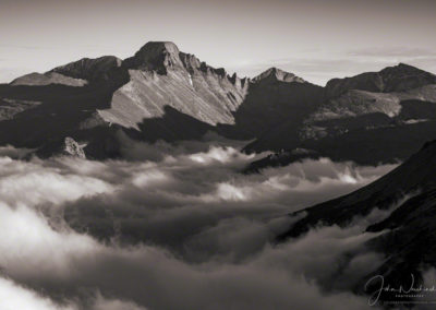 Black and White hoto of Longs Peak & Glacier Gorge with Fog in Valley Below