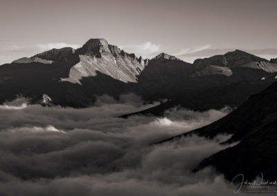 B&W Photo of Longs Peak & Glacier Gorge with Fog in Valley Below