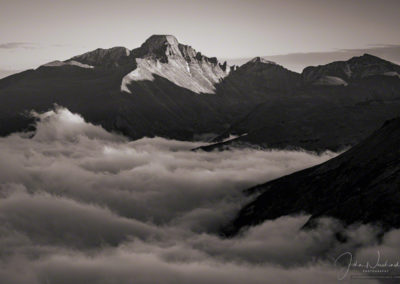 B&W Photo of Longs Peak with Fog in Valley Below