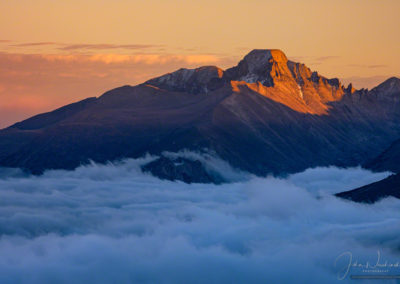 Sunset Photo of Longs Peak with Clouds in Valley Below