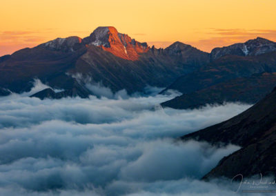 Longs Peak at Sunset with Fog & Clouds in Valley Below