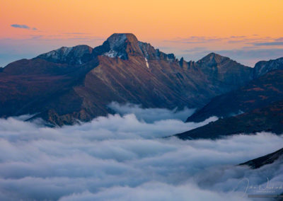 Sunset Photo of Longs Peak RMNP with Layers of Fog in Valley Below