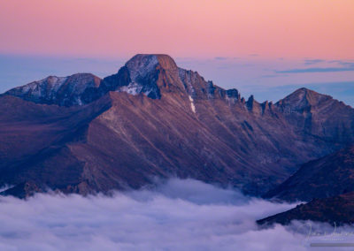 Post Sunset Glow Photo of Longs Peak with Layers of Fog in Valley Below - RMNP