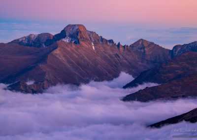 Magenta Post Sunset Glow Photo of Longs Peak with Layers of Fog in Valley Below - RMNP Colorado