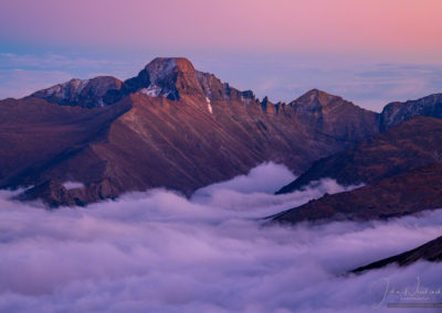Post Colorful Sunset Glow Photo of Longs Peak with Layers of Fog in Valley Below - RMNP Colorado