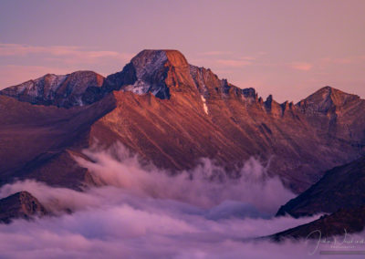 Warm Post Sunset Glow Photo of Longs Peak with Layers of Fog in Valley Below - RMNP Colorado