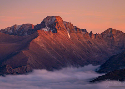 Warm Sunset Glow on Longs Peak with Layers of Fog in Valley Below - RMNP Colorado