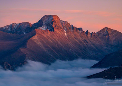 Warm Sunset Glow on Longs Peak & Glacier Gorge with Fog in Valley Below - RMNP Colorado