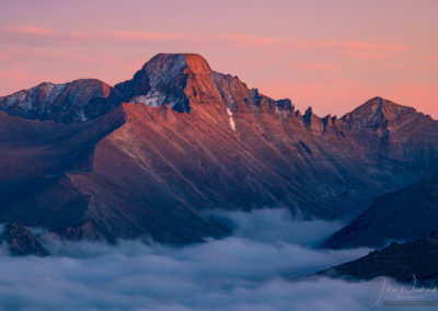 Stunning Sunset Glow on Longs Peak & Glacier Gorge with Fog in Valley Below - RMNP Colorado